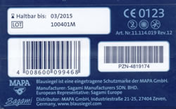Rückseite einer Packung Blausiegel Sensitive (latexfreie Kondome)